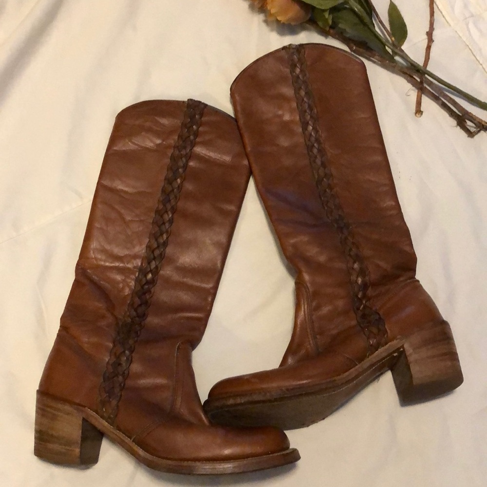 FRYE tall boots braided accents